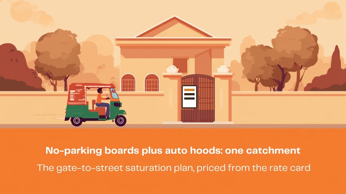 Gate-to-street saturation: no-parking boards plus auto hoods in one catchment, the worked plan (2026)