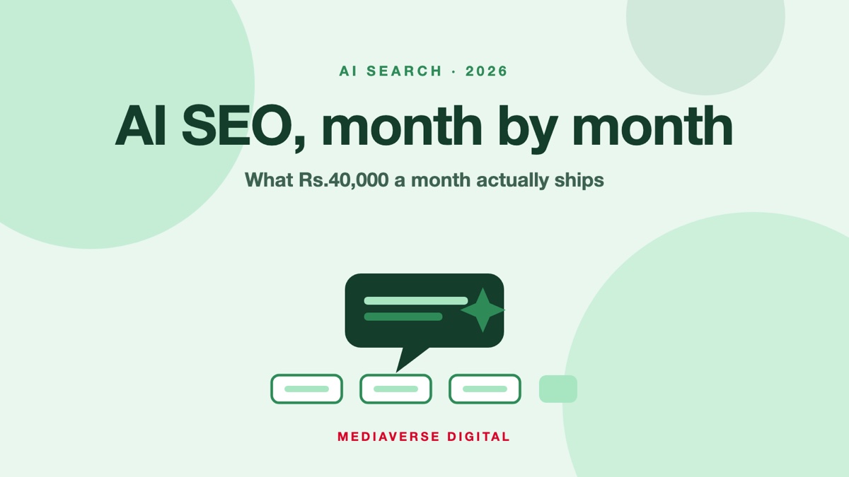 Flat illustration of a dark green AI answer bubble with a sparkle above a row of four month cards, on a mint background, for a 2026 month-by-month guide to what an AI SEO retainer costs and produces