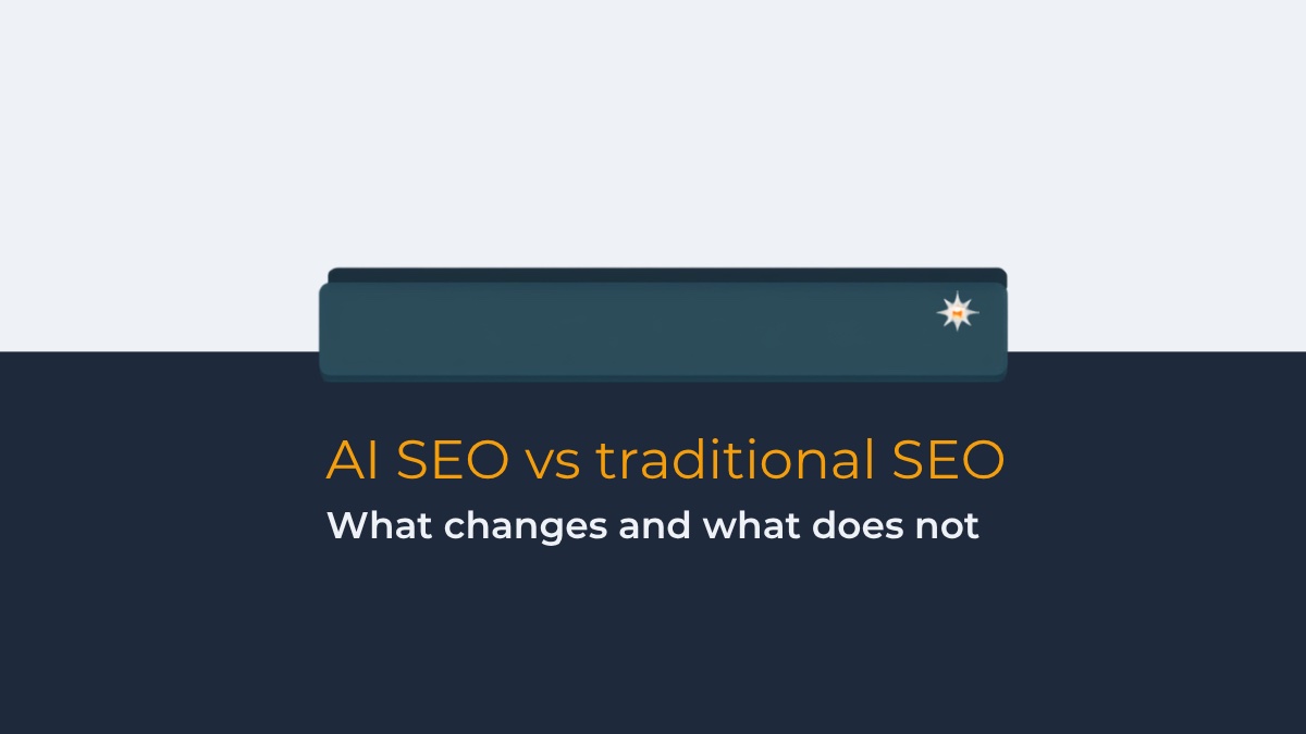 Flat illustration of a browser search bar with a small sparkle icon on a slate and amber background, titled AI SEO vs traditional SEO: what changes and what does not
