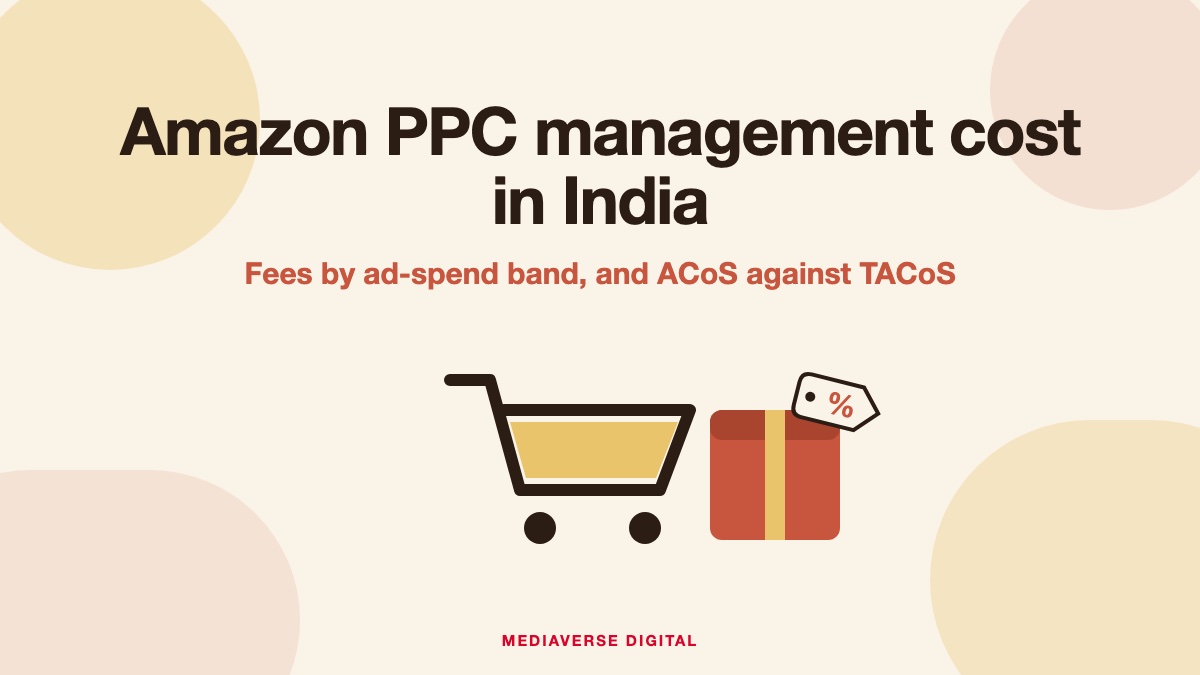Flat illustration in cream and terracotta of a shopping cart beside a parcel box with a percent tag, over soft rounded shapes, for a guide to Amazon PPC management costs in India