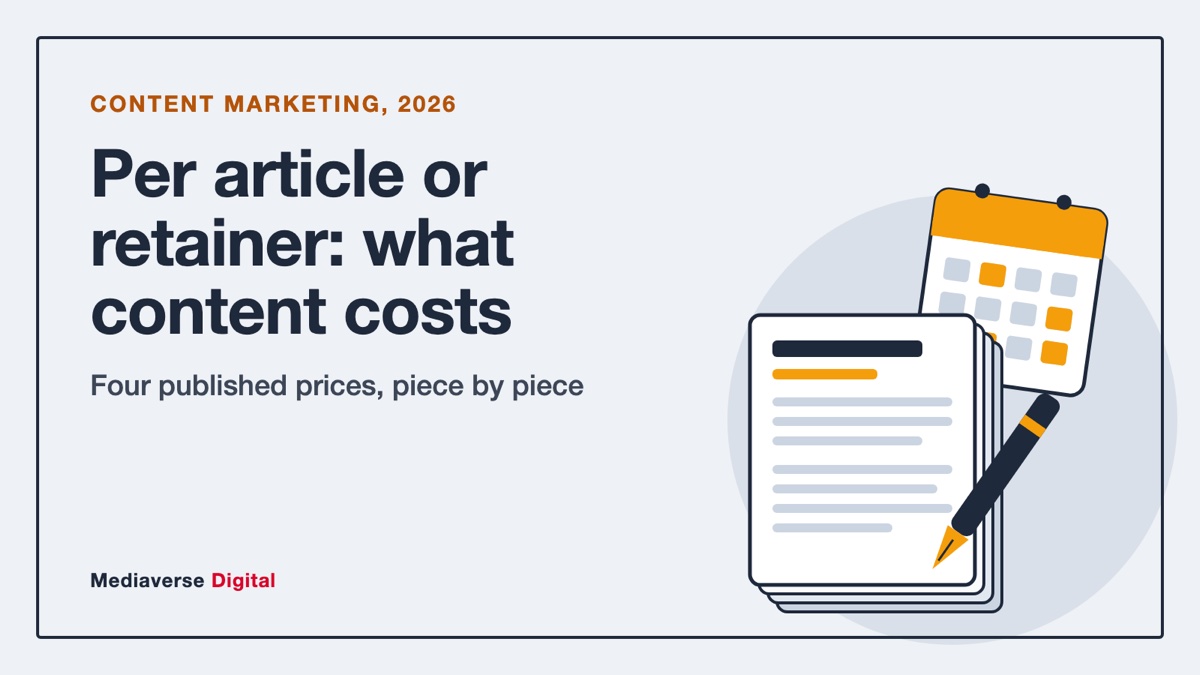 Flat illustration in slate and amber of a stack of four article pages with a fountain pen and a monthly calendar tab inside a thin framed border, for a guide to content marketing costs in India