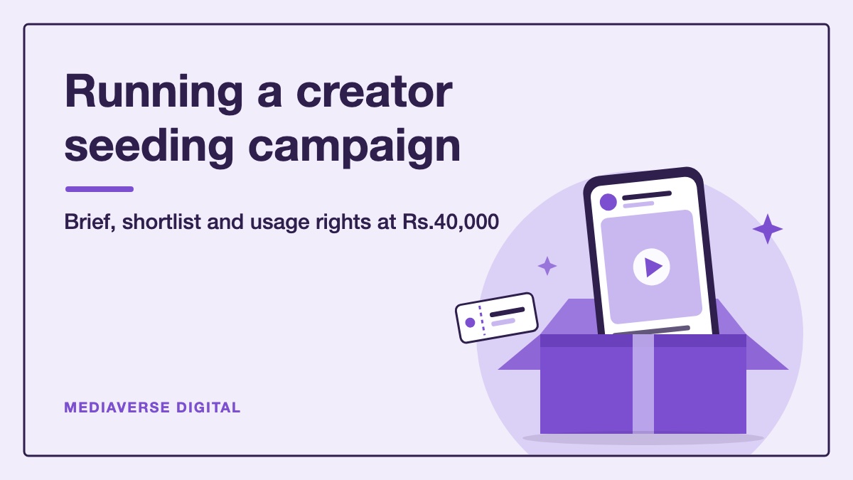 Framed lavender poster with a plum headline about running a creator seeding campaign, and an open purple parcel in the lower right with a phone rising out of it that shows a creator video post with a play button, beside a small coupon ticket