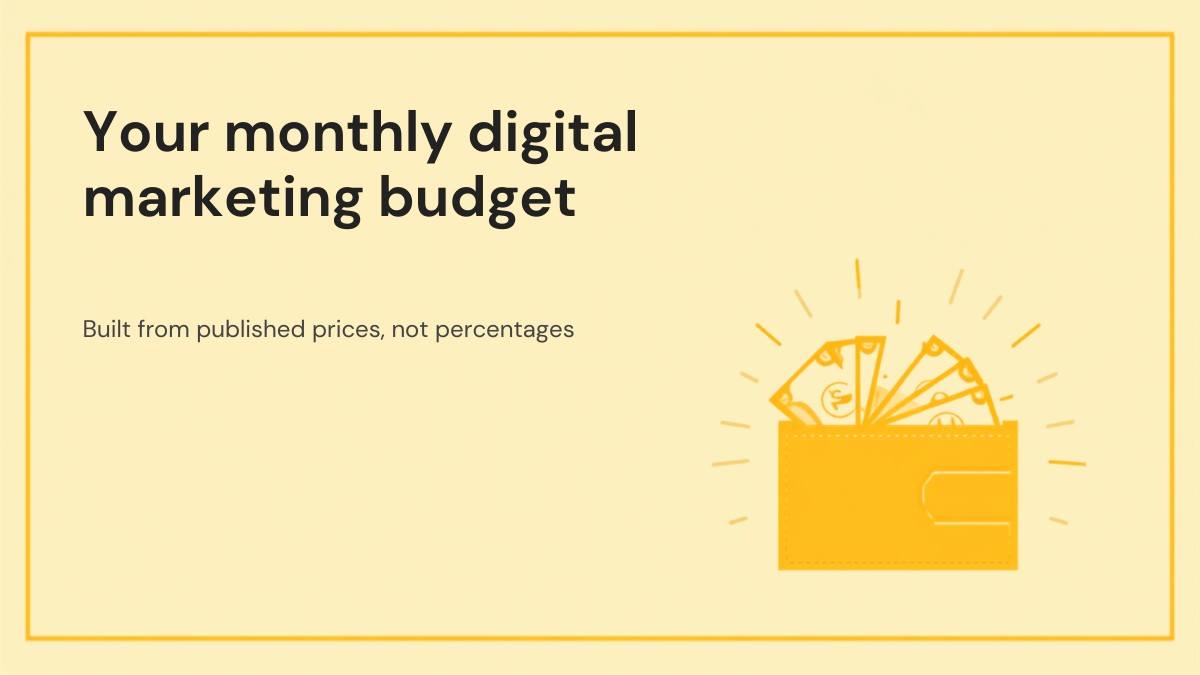 Flat illustration of an open wallet with banknotes fanning out of it, in golden yellow on a light butter yellow framed poster background, for a guide to monthly digital marketing budgets for small businesses in India