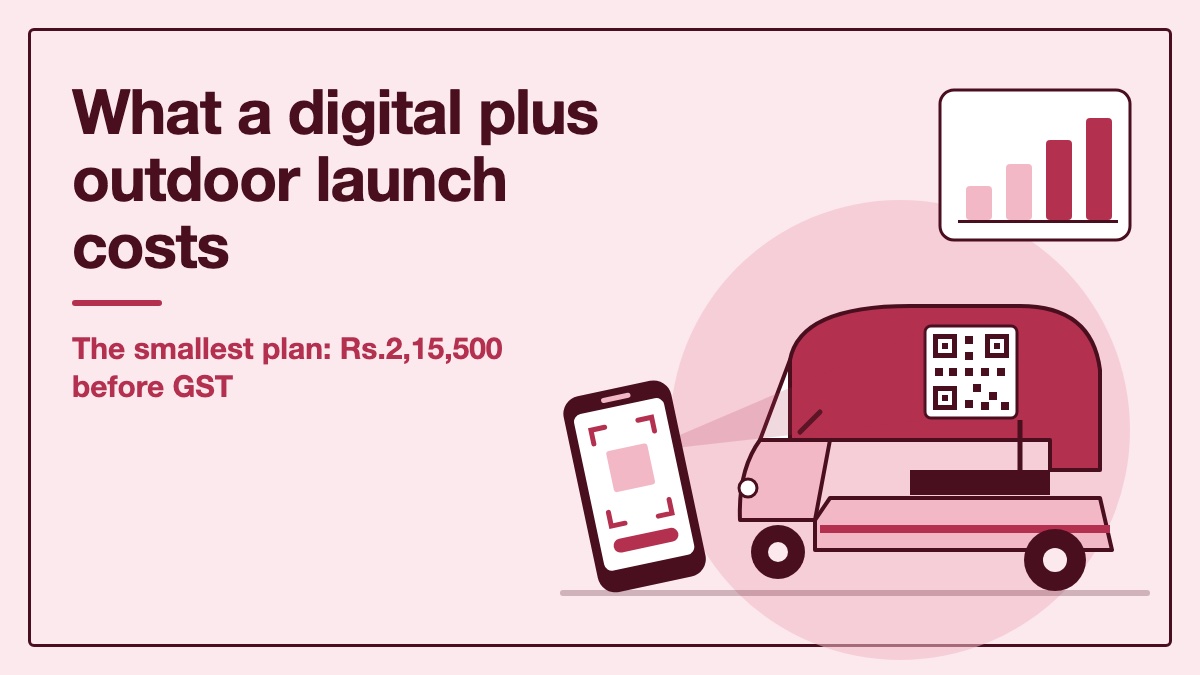 Flat illustration in rose and wine of a phone scanning a QR code on the hood of an auto rickshaw beside a small bar chart, inside a thin poster frame, for a guide to what a digital plus outdoor launch costs in one Indian city