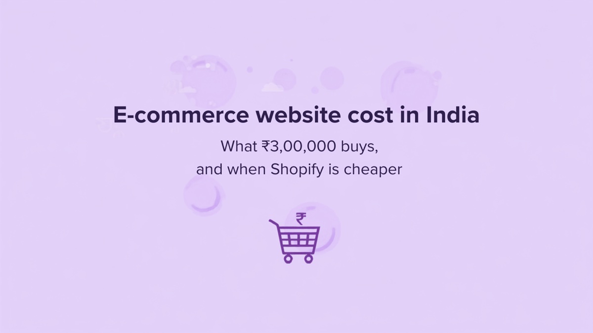 Flat illustration of a shopping cart with a rupee price tag on a light lavender background with soft rounded shapes, for a guide to e-commerce website costs in India
