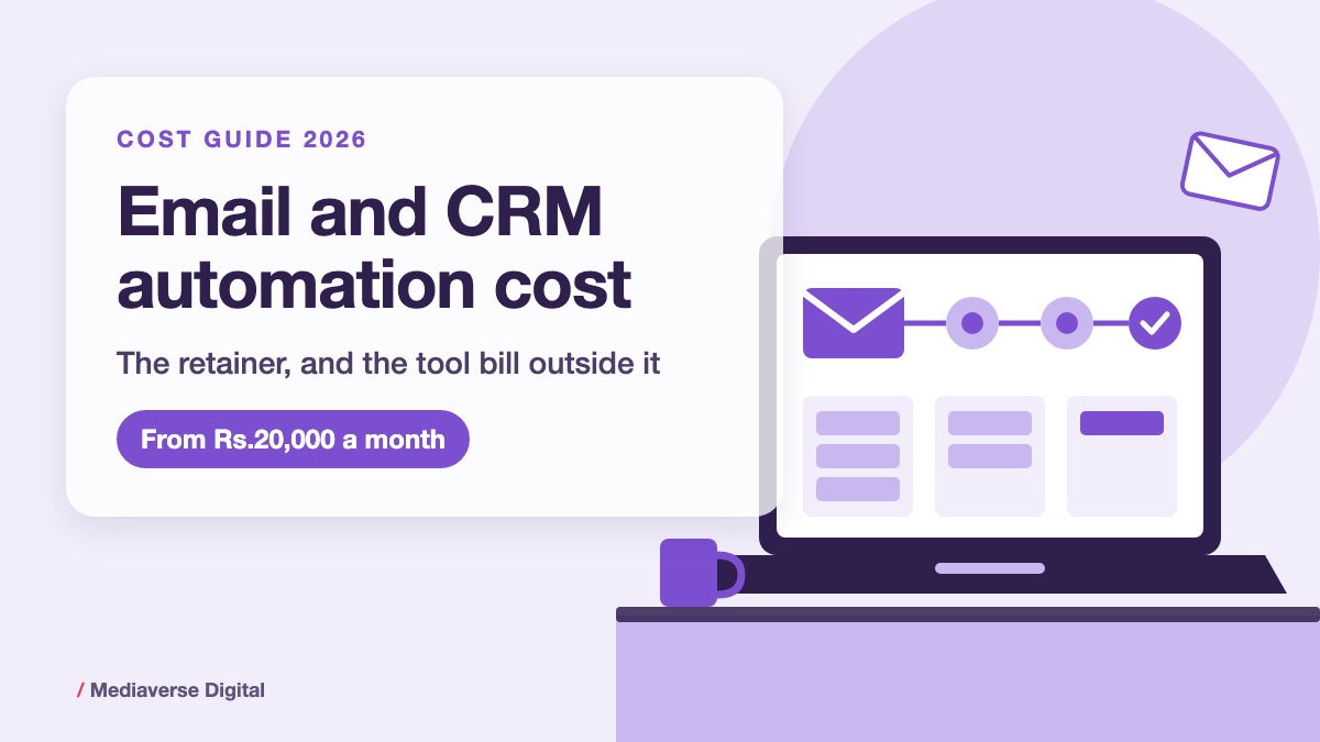 Flat illustration in lavender and plum of a laptop on a desk showing an email envelope linked to an automation flow and a three column CRM pipeline, beside a coffee mug, for a guide to email marketing and CRM automation costs in India