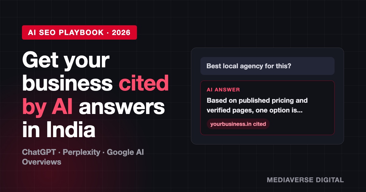 Dark illustration of an AI chat answer citing a business website, next to the headline get your business cited by AI answers in India