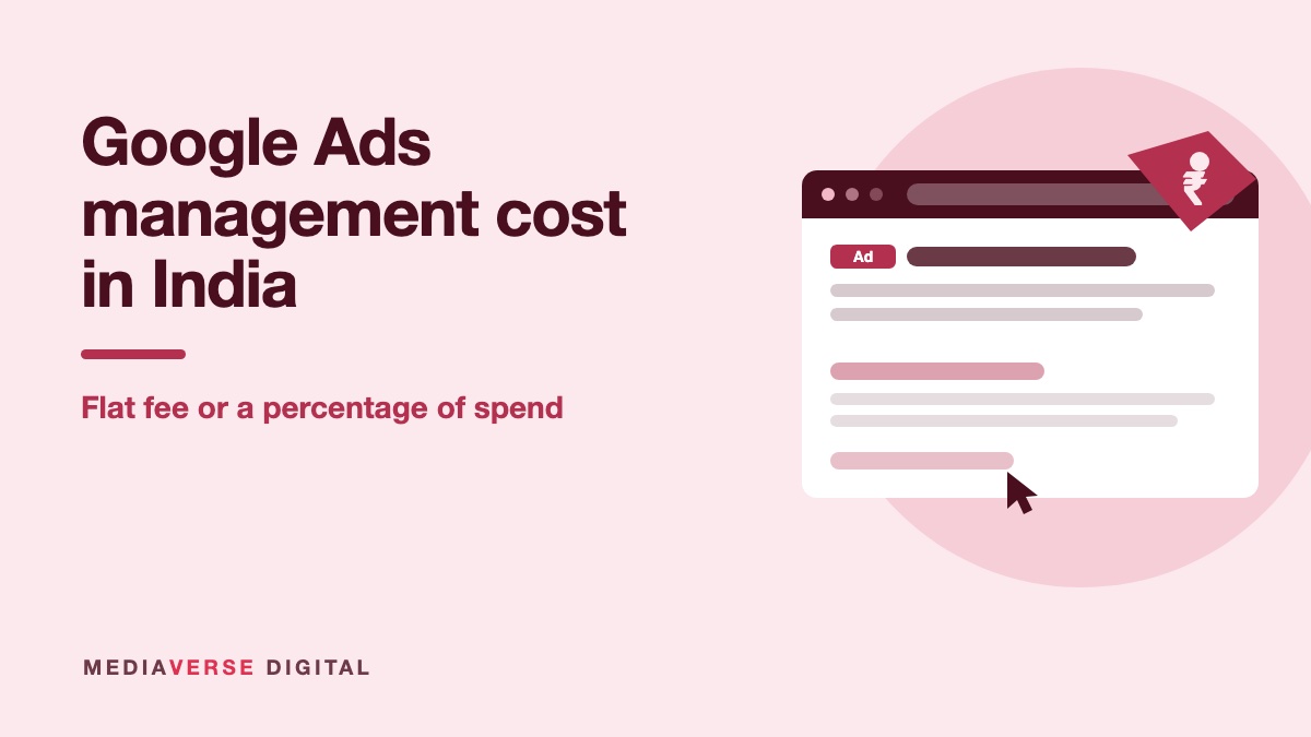 Flat illustration of a browser window showing a sponsored search result tagged Ad with a rupee price tag clipped to it, in wine red on a pale rose background, for a guide to Google Ads management costs in India
