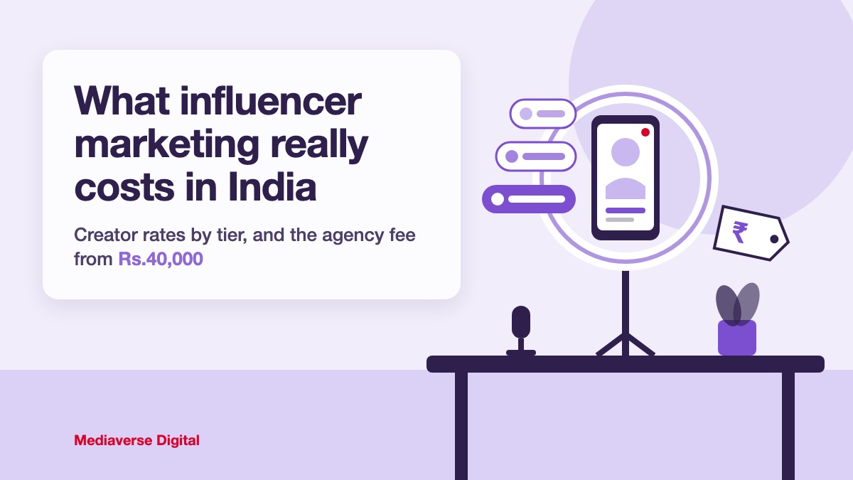 Flat illustration in lavender and plum of a creator's desk with a phone on a ring light tripod, three follower tier chips and a rupee price tag, for a guide to influencer marketing costs in India