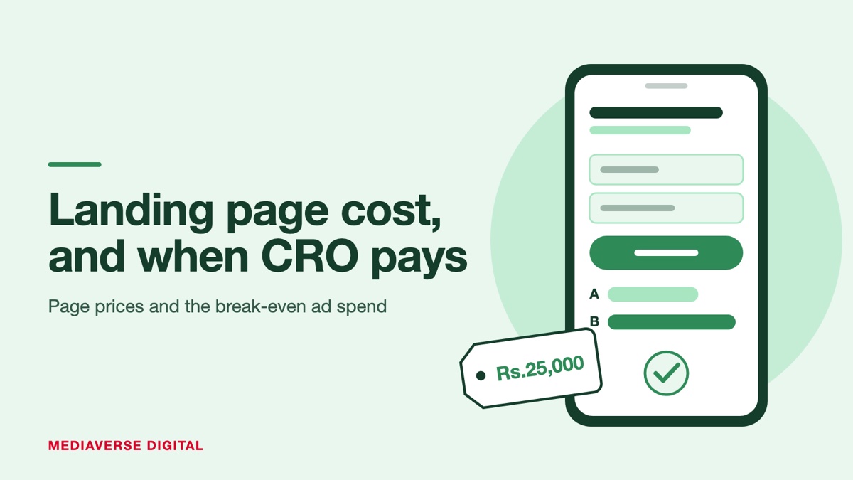 Flat illustration in mint and forest green of a phone showing a lead form with an A and B split-test bar and a check mark, beside a Rs.25,000 price tag, for a guide to landing page and CRO costs in India