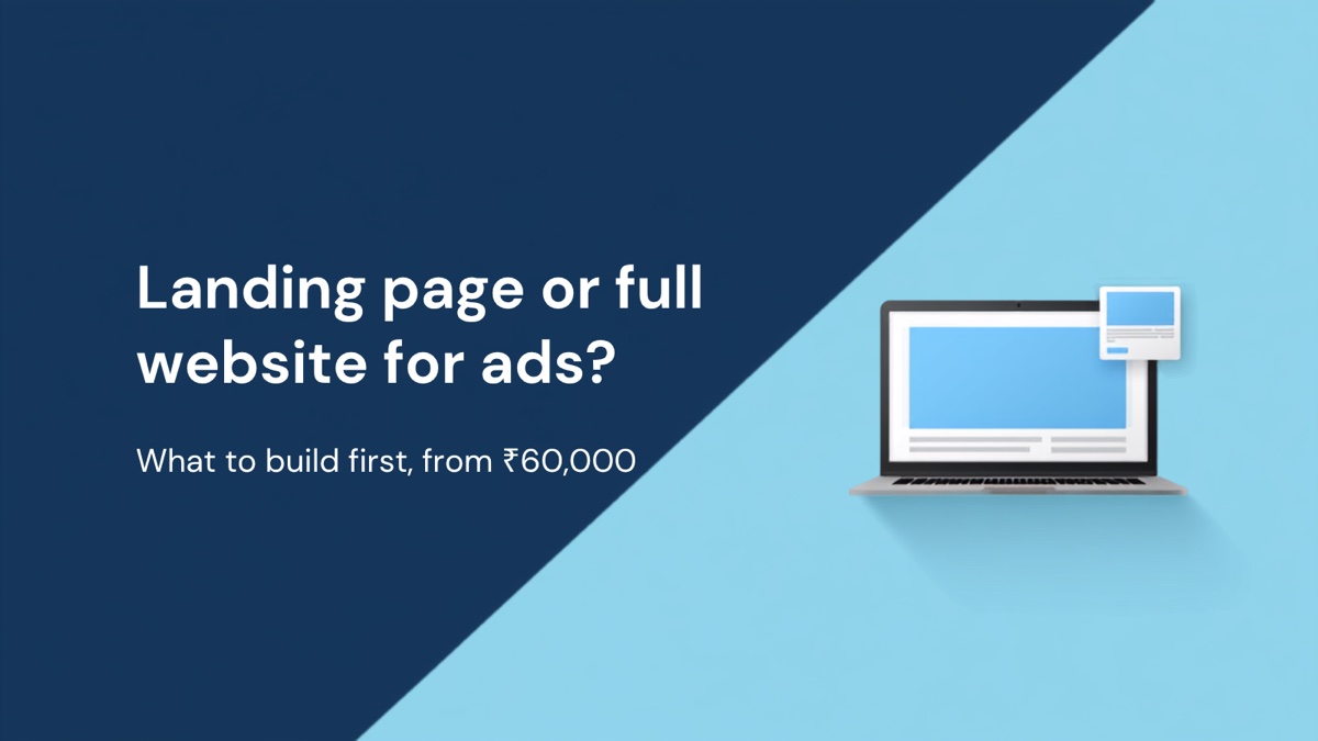 Flat illustration of an open laptop showing a simple website beside a small one-page card, on a sky blue and navy diagonal split, for a comparison of landing pages and full websites for running ads