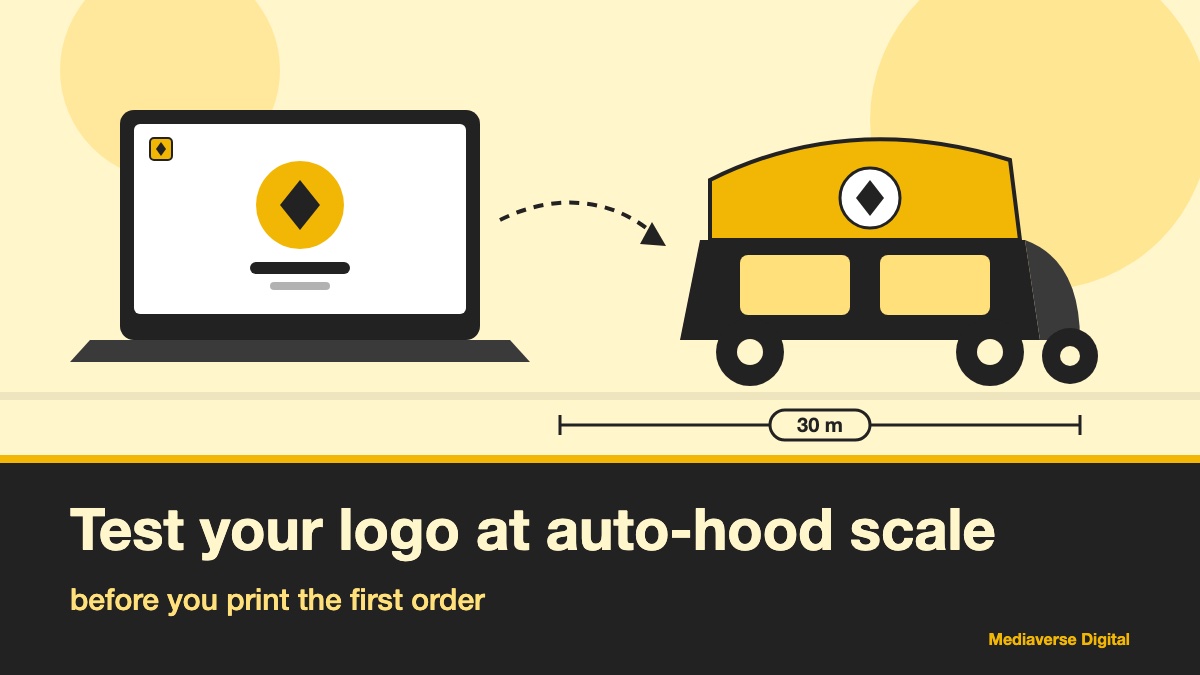 Butter-yellow illustration of a laptop showing a yellow and black logo, with a dashed arrow to an auto rickshaw carrying the same logo on its yellow hood and a 30 m distance marker, above a charcoal band with the headline about testing a logo at auto-hood scale