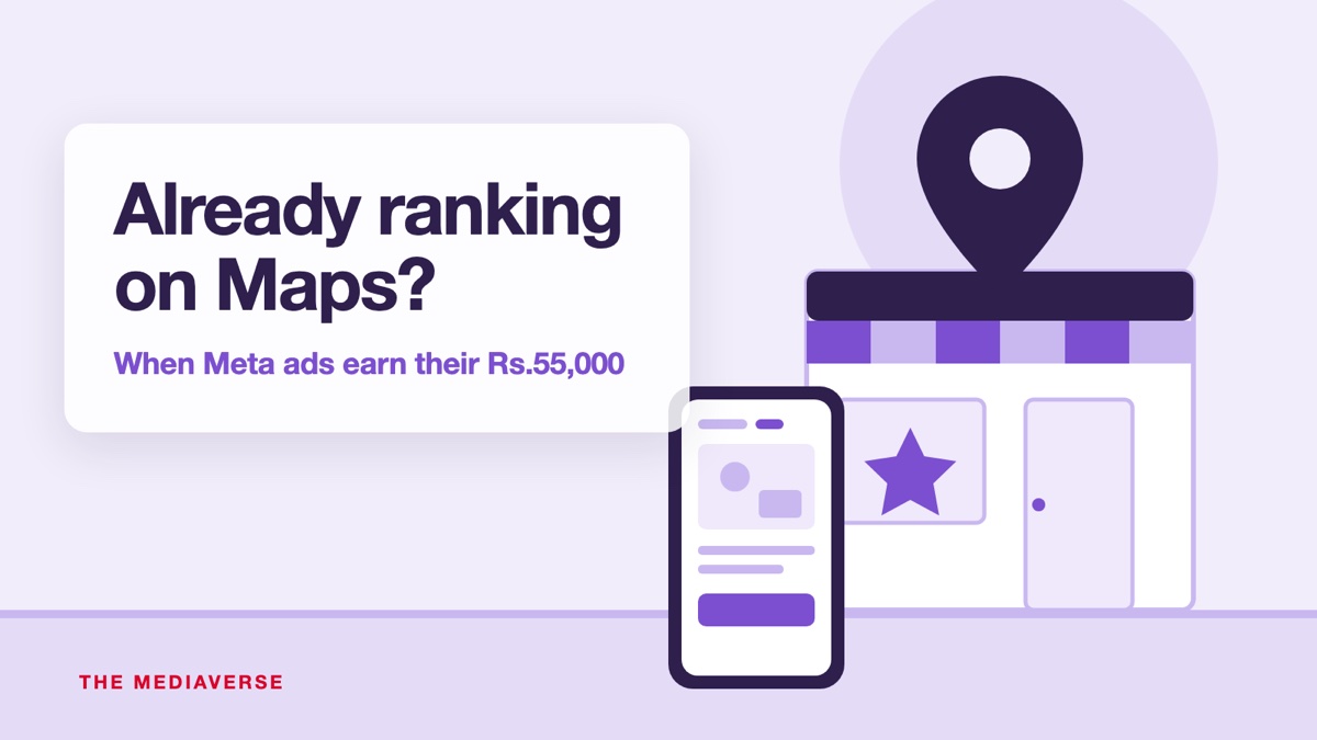 Flat illustration of a shopfront with a map pin above it and a phone in the foreground showing a sponsored post, on a lavender and plum background, for a comparison of Meta ads and Google Maps rankings