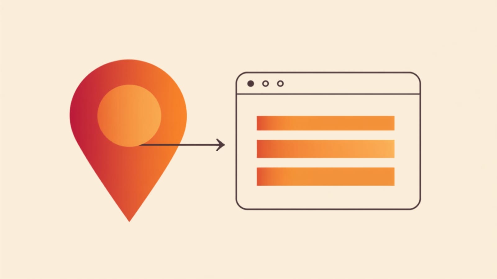 Flat illustration of a map location pin with an arrow pointing to a browser window, showing a Google Maps listing leading to a business website