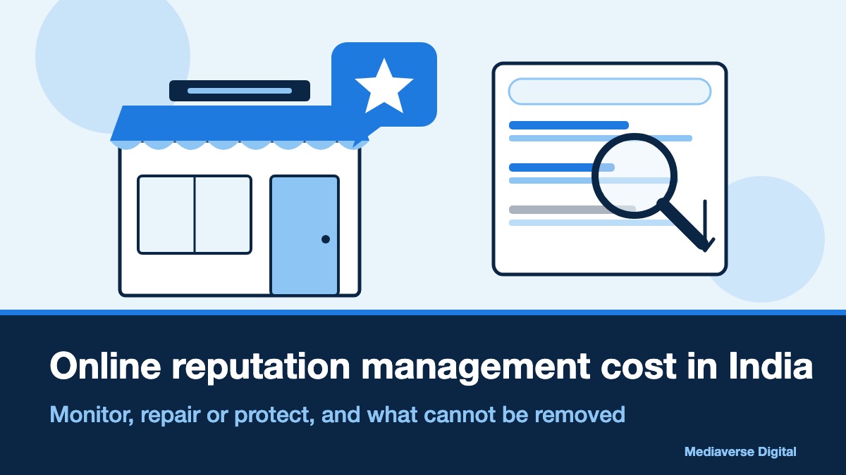 Flat illustration in sky blue and navy of a small shopfront with a large review star above it and a magnifying glass over a list of search results, for a guide to online reputation management costs in India