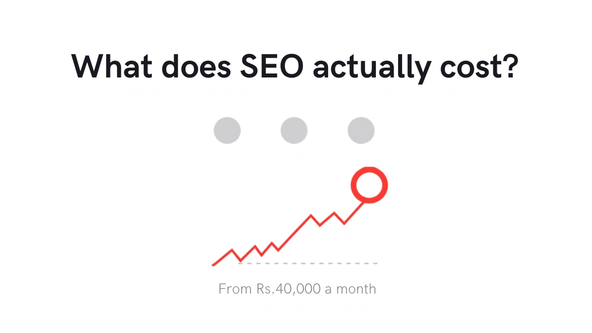 Flat illustration of a magnifying glass over a rising line on a white background with a red accent, for a guide to what SEO costs per month in India in 2026