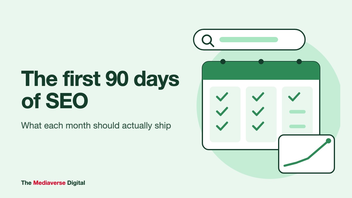 Flat illustration in mint and forest green of a three-month wall planner with ticked weeks beside a search bar and a small upward line chart, for a guide to the first 90 days of an SEO engagement