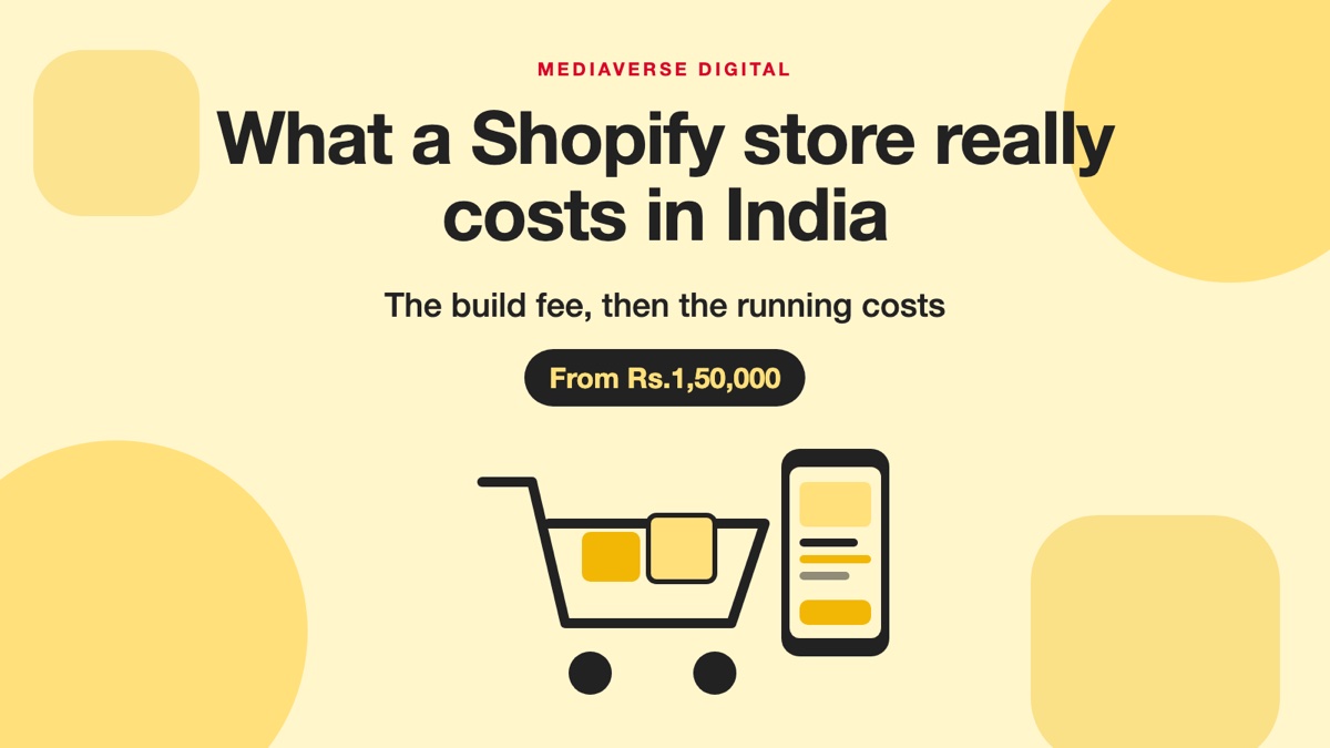 Flat illustration in butter yellow and charcoal of a shopping cart beside a phone showing a checkout screen, for a guide to Shopify website development and running costs in India