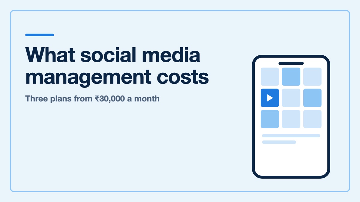 Flat illustration of a phone showing a nine tile grid of social posts with one tile carrying a play triangle, on a pale sky blue framed poster background, beside the headline What social media management costs, for a 2026 India pricing guide