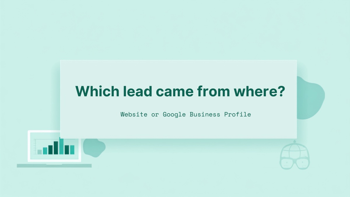 Flat illustration of a desk with a laptop showing a simple bar chart beside a phone, on a mint and forest green background, for a guide to tracking website and Google Business Profile leads