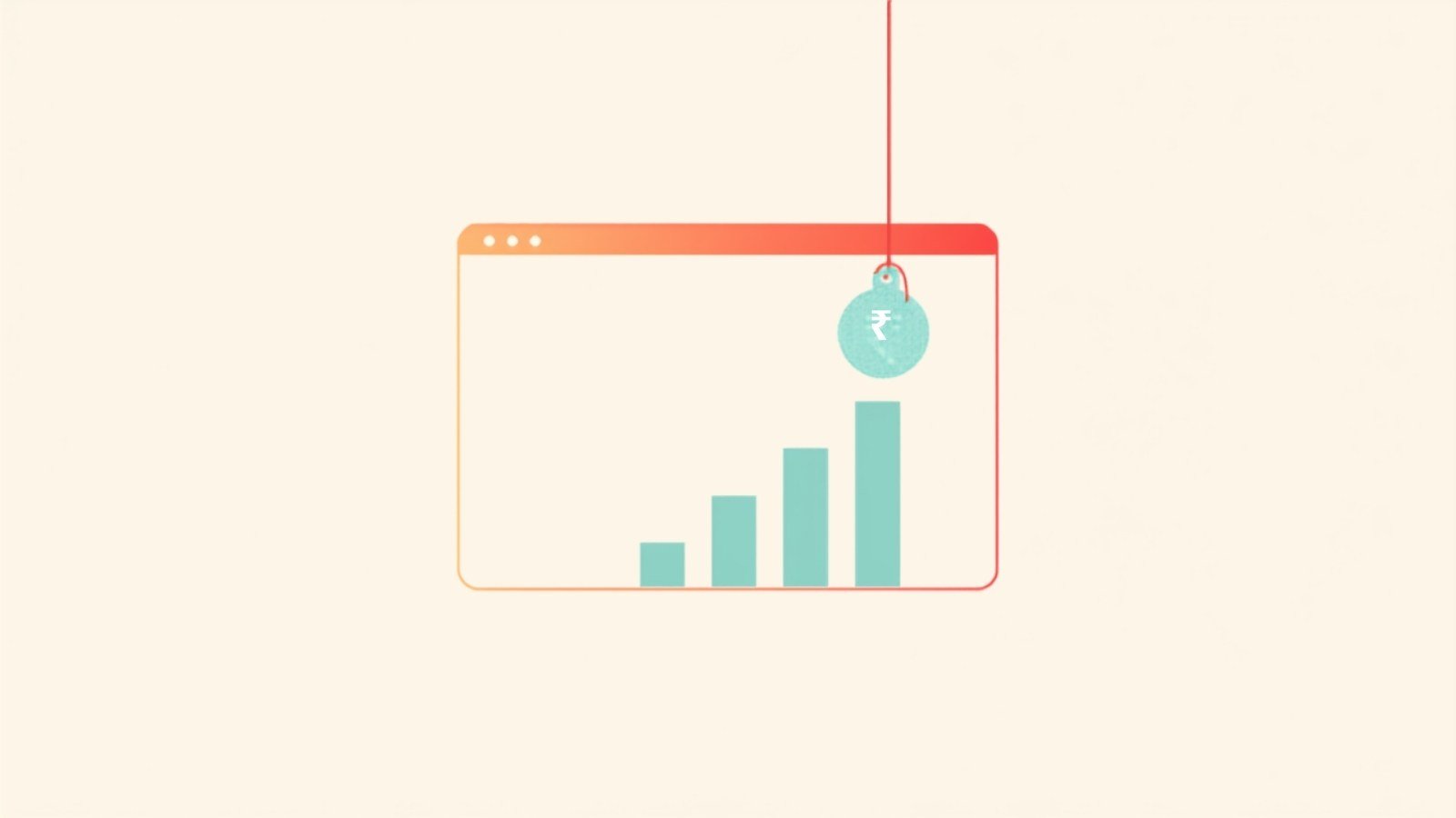 Minimal illustration of a browser window with a rupee price tag and a rising bar chart, representing website design costs in India