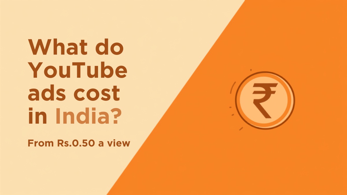 Flat illustration of a rupee coin on a burnt orange diagonal block beside a sand-coloured panel, for a guide to what YouTube ads cost in India in 2026