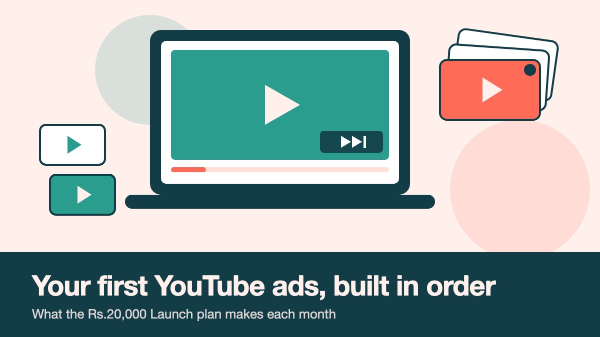 Flat illustration in coral and teal of a laptop playing a video with a skip button, beside a stack of video cards, for a guide to building your first ten YouTube ads