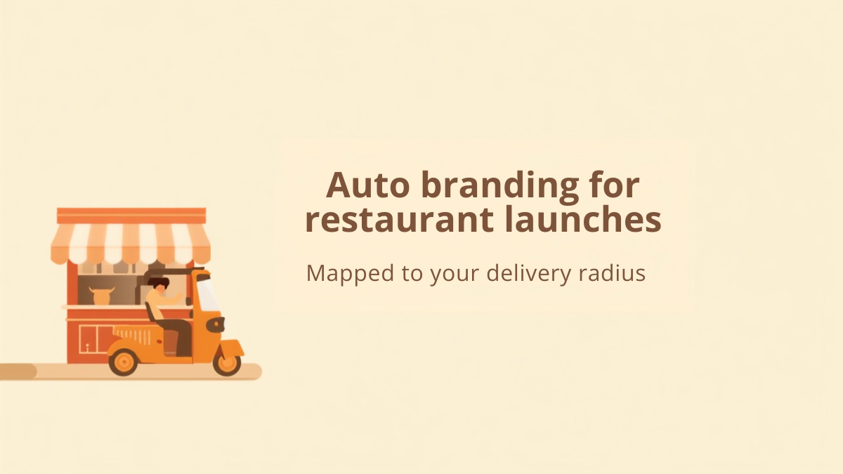 Flat illustration of a small restaurant counter with a striped awning and a branded orange auto rickshaw passing in front, on a cream and terracotta background, for an auto branding restaurant launch playbook