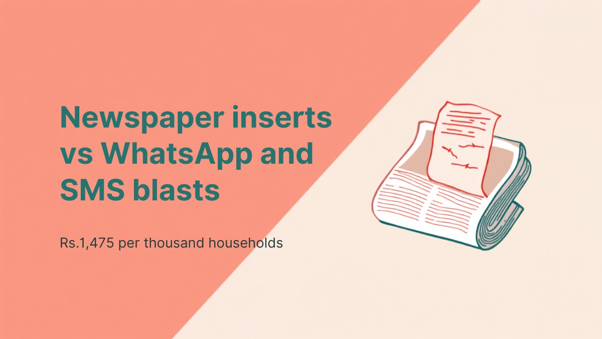 Flat illustration of a folded newspaper with a printed leaflet insert slipping out of it, on a coral and teal diagonal split, for a comparison of newspaper inserts with WhatsApp and SMS blasts