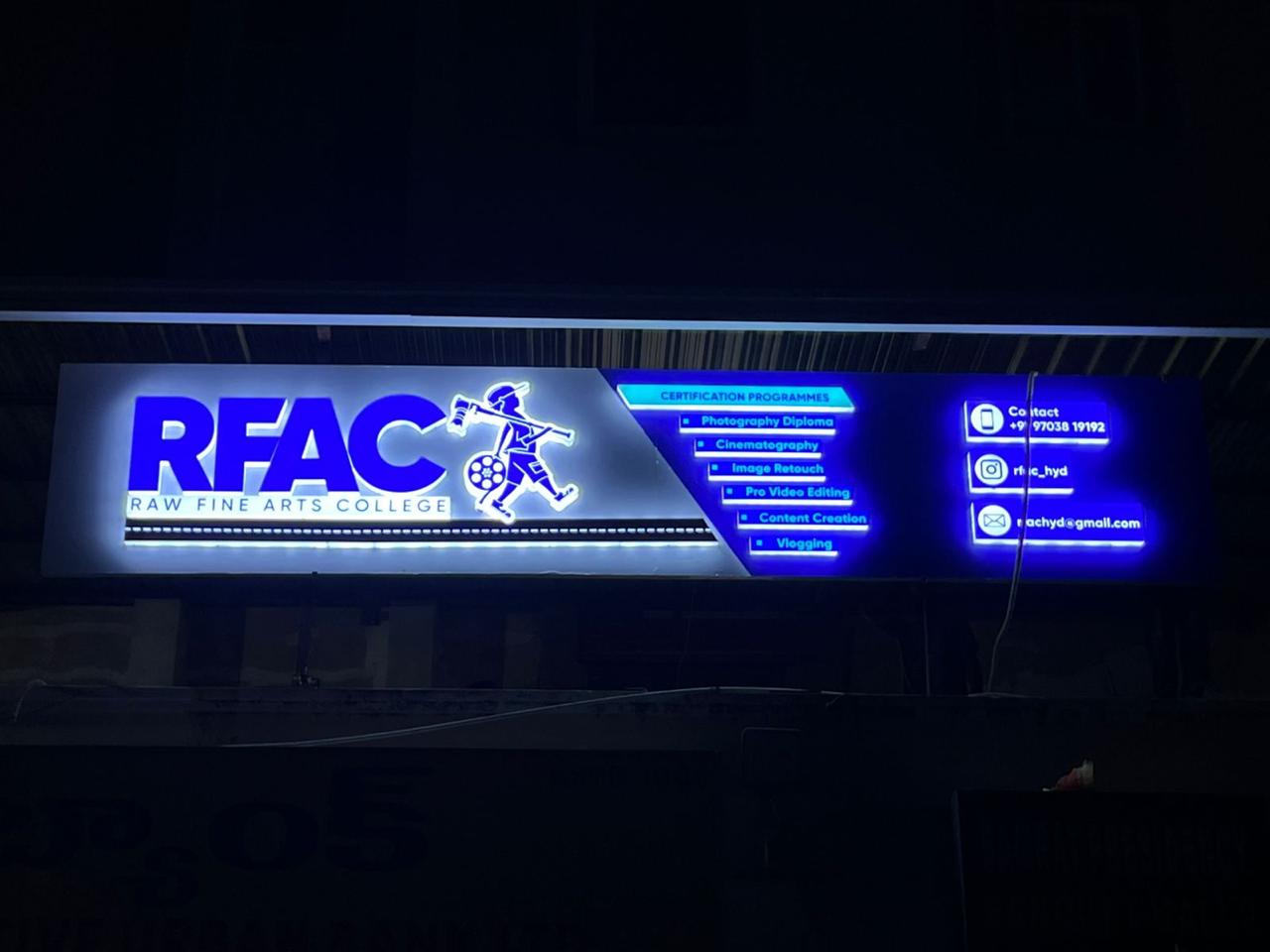 Illuminated ACP and LED shop name board with Telugu lettering on a Hyderabad storefront installed by The Mediaverse