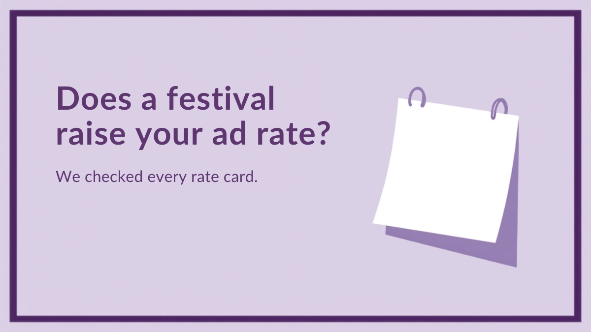 Flat illustration of a blank tear-off wall calendar page inside a thin plum border on a lavender background, for a guide to which outdoor advertising formats charge a festival premium