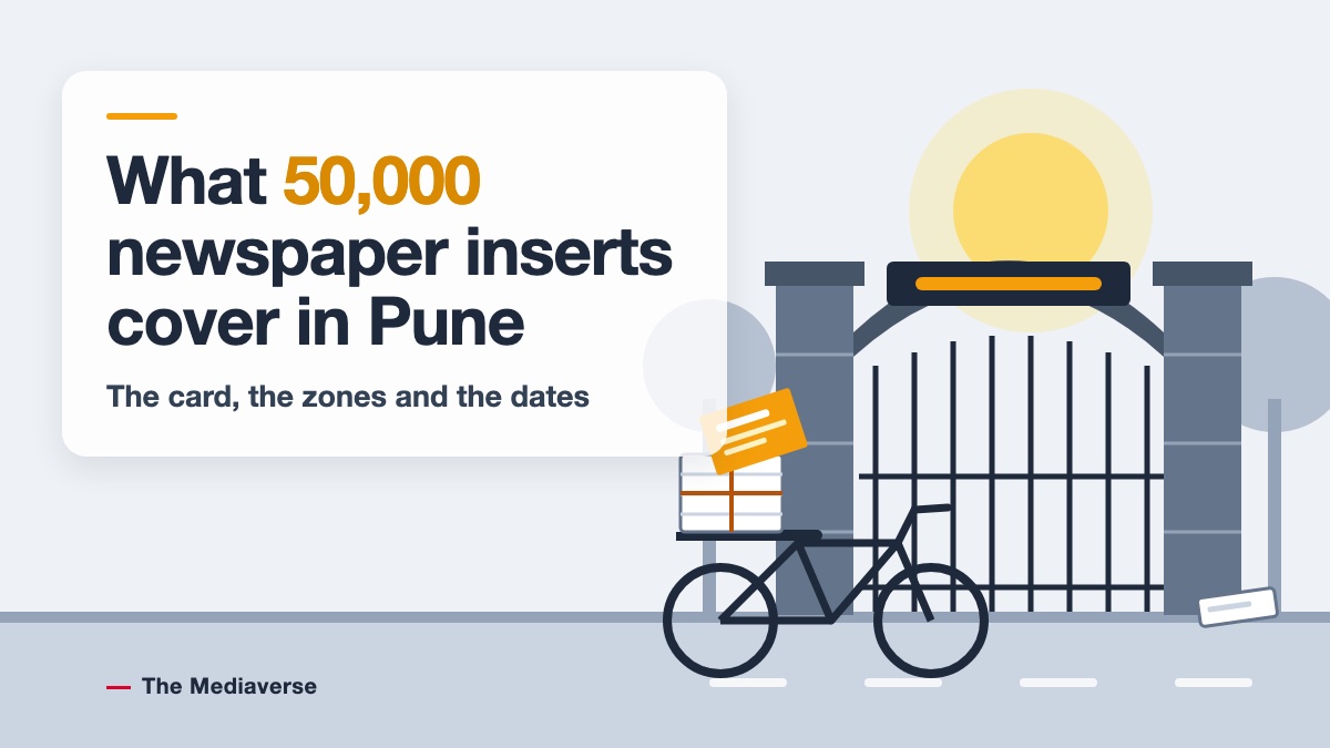 Flat illustration in slate and amber of a Pune college gate with stone pillars at dawn, a newspaper vendor's bicycle in front carrying a tied stack of papers with an amber insert sheet slipping out, and a translucent white panel with a headline about what 50,000 newspaper inserts cover in Pune
