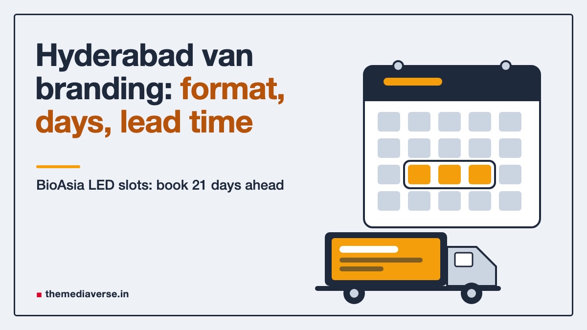 Flat illustration in slate and amber inside a thin poster frame: a wall calendar with three highlighted days in a row and an LED display truck parked below it, for a guide to Hyderabad mobile van branding by format, booking length and lead time
