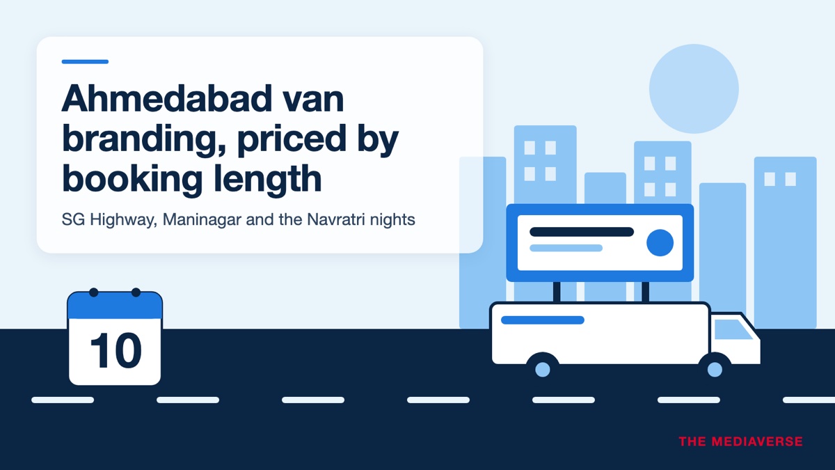 Flat illustration in sky blue and navy of a branded T-Shape van with an elevated board driving along a highway at dusk past office towers, with a small wall calendar chip showing day 10, for a guide to Ahmedabad van branding costs by booking length