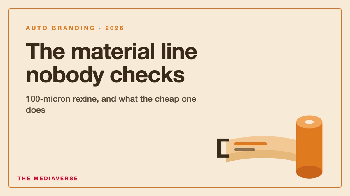 Flat illustration of a printed vinyl roll with a caliper gauge clamped on the unrolled sheet edge, on a sand and burnt orange background, beside the headline The material line nobody checks, for a 2026 guide to auto branding material specifications