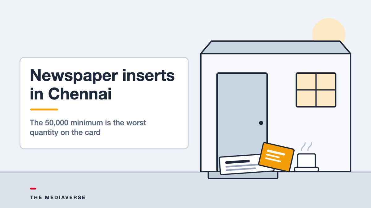 Flat illustration of a Chennai doorstep at dawn with a folded newspaper on the step and an amber insert flyer sliding out of it beside a filter coffee tumbler, for a guide to newspaper insertion rates in the city