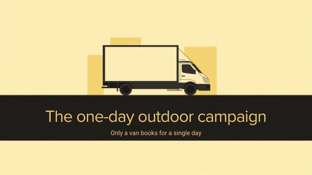 Flat illustration of a branded advertising box van with a blank display panel driving past simple buildings on a pale butter yellow background, beside the headline The one-day outdoor campaign, for a comparison of minimum bookings across Indian outdoor advertising formats