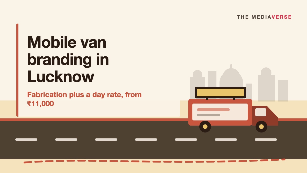 Illustration of a branded T-Shape mobile advertising van with an elevated display board travelling a Lucknow street, with domes and a dashed route line, for a guide to Lucknow van branding rates