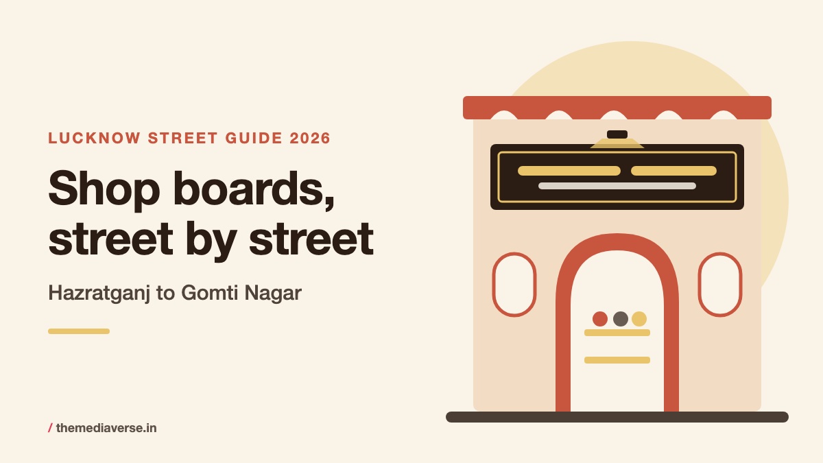 Flat illustration in cream and terracotta of a Lucknow shopfront with a dark name board edged in gold above an arched Nawabi doorway, for a street by street guide to shop name boards from Hazratganj to Gomti Nagar