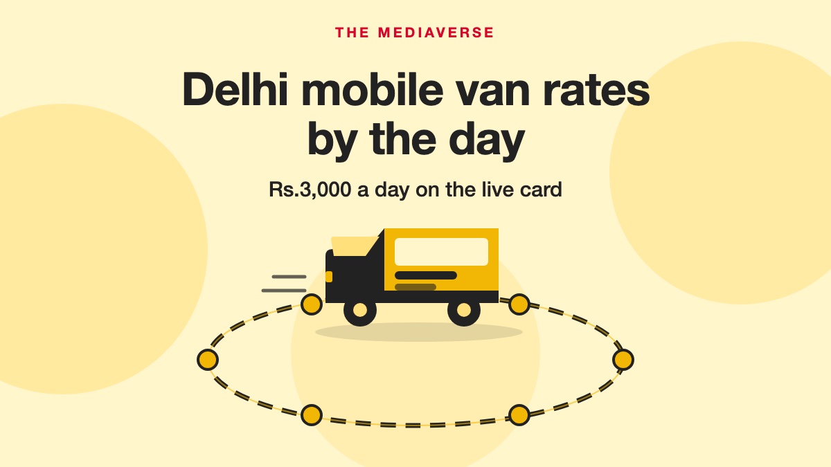 Flat illustration in butter yellow and charcoal of a branded L-Shape box van driving on a dashed ring-road loop marked with six junction dots, under a centred headline about Delhi mobile van rates by the day